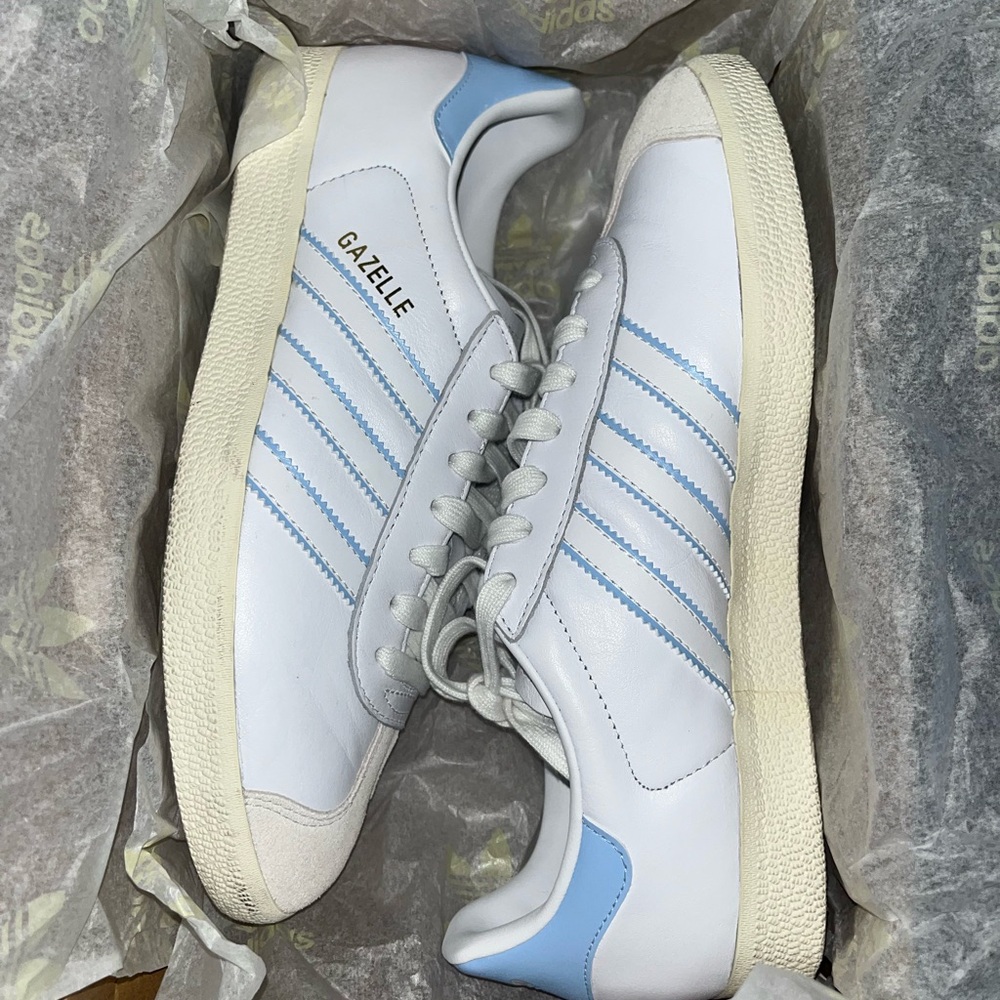 Adidas Gazelle White and Light Blue Sneakers
